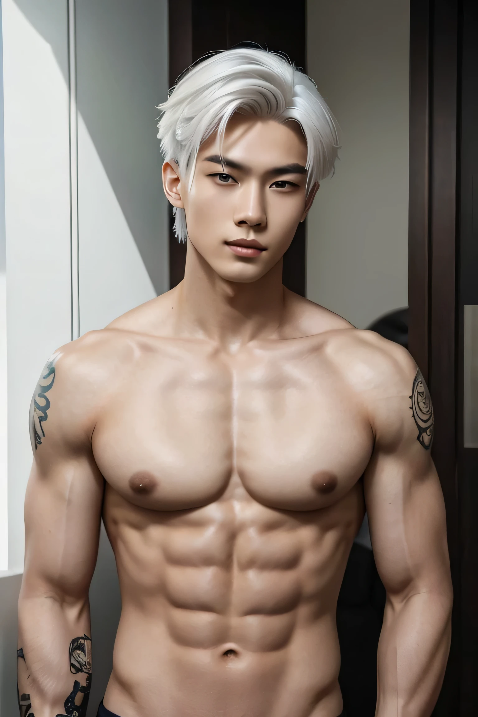 masterpiece, best quality, handsome Asian 20 year old, fair skin male, white hair, perfect face, chest abs, slender, masculine, tattoos,