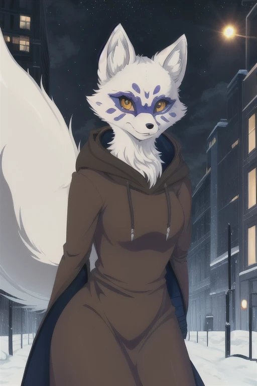 Alopex, arctic fox, furry, blue marks face, tmnt, smile, orange eyes, girl1, solo, city, brown cloak, black bandage, best quality, masterpiece 