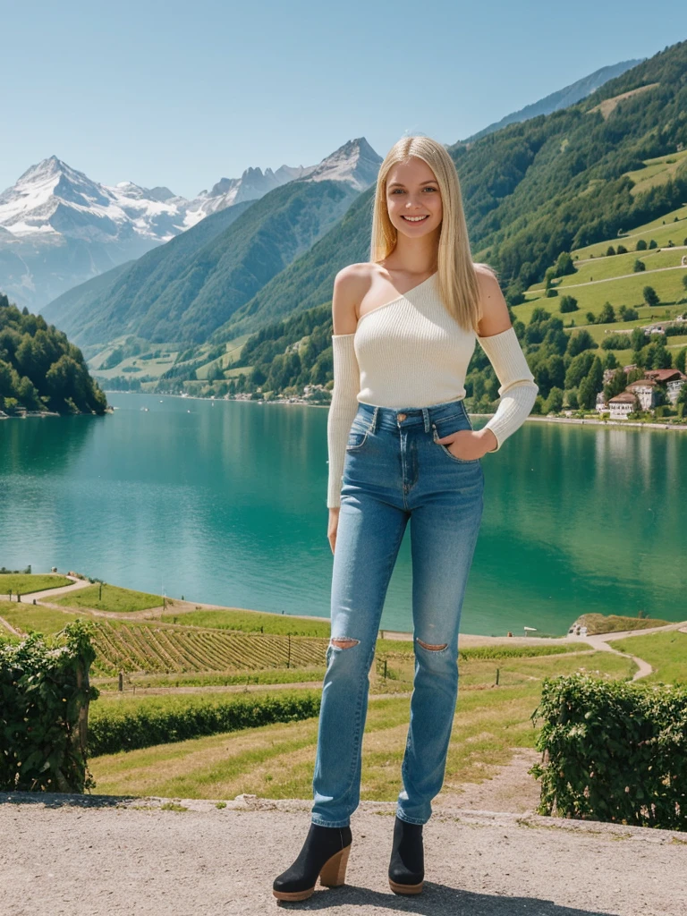 her name is Marie, 1girl, ((20-year-old fit Caucasian woman)), ((20 years old)), ((fit)), , ((pale skin tone)), ((medium length straight blonde hair)), wearing a cut-out shoulder knit sweater with patchwork denim jeans, smiling, pose: standing, background: Write about the serene beauty of Switzerland's Lake Geneva, surrounded by the majestic Alps and dotted with charming lakeside towns and vineyards