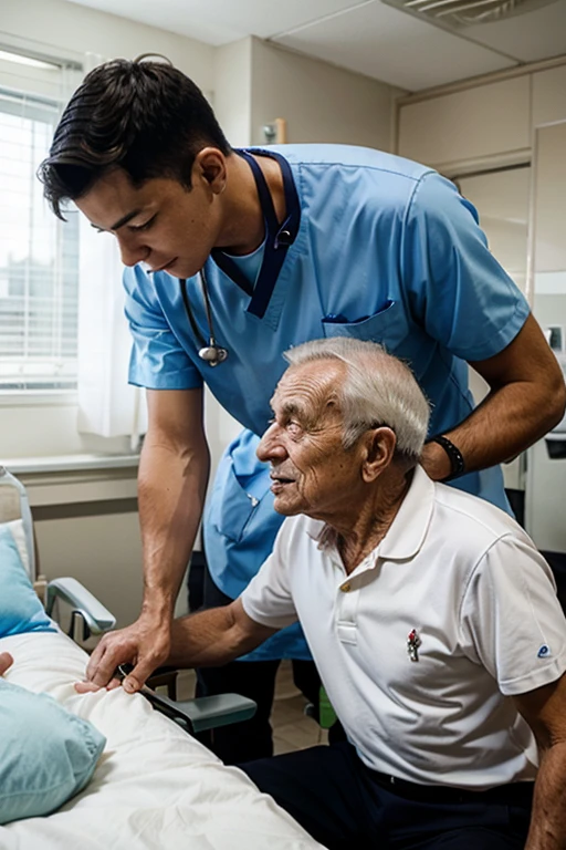 a young man helping an elderly man in the hospital