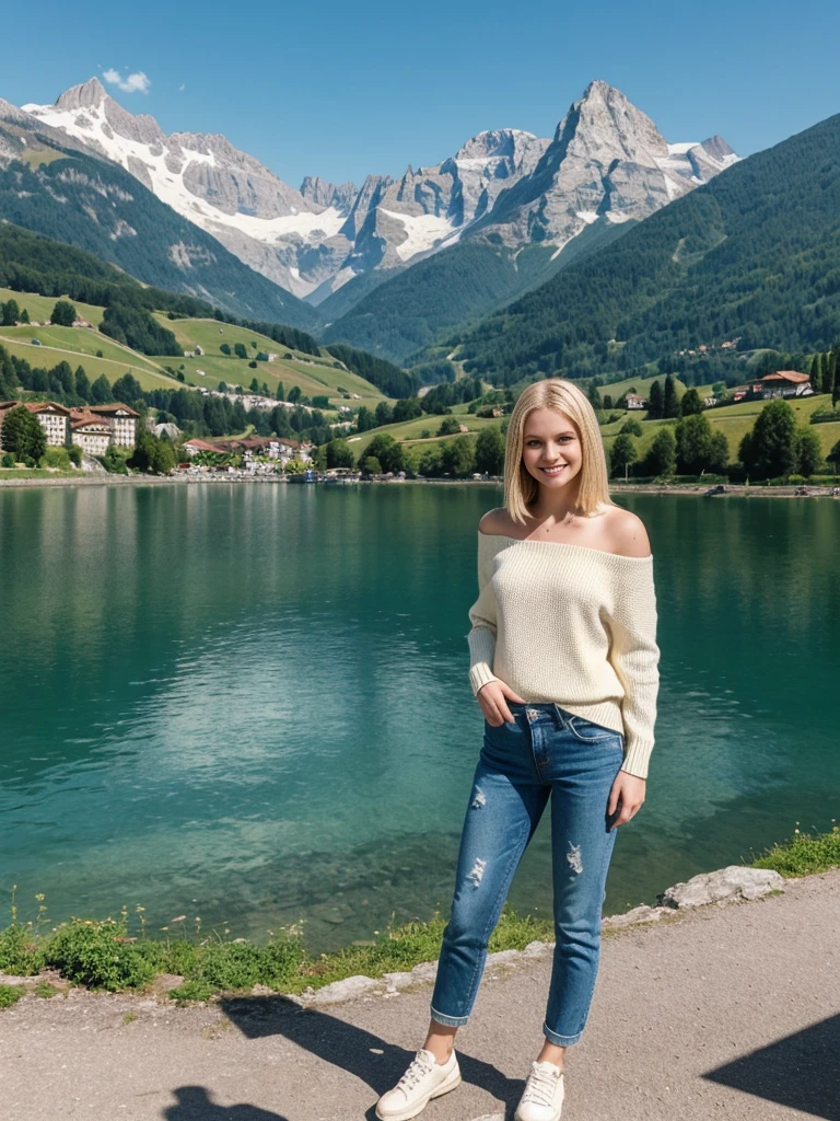 her name is Marie, 1girl, ((20-year-old fit Caucasian woman)), ((20 years old)), ((fit)), , ((pale skin tone)), ((medium length straight blonde hair)), wearing a cut-out shoulder knit sweater with patchwork denim jeans, smiling, pose: standing, background: Write about the serene beauty of Switzerland's Lake Geneva, surrounded by the majestic Alps and dotted with charming lakeside towns and vineyards
