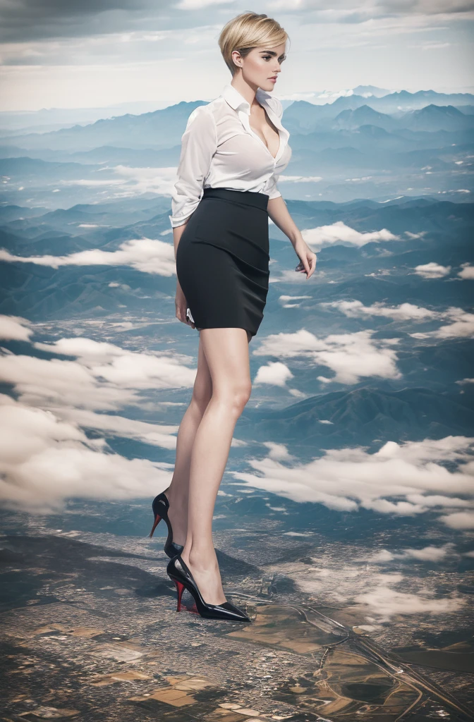 Zoey Deutch, (masterpiece, best quality, best shadows, best shading, perfect hands, perfect face, cinematic lighting, colorful, ultra-detailed, beautiful photography, character focus, extremely-detailed, photorealistic, hyper photorealism, atmospheric), (rural destruction:1.2), (giantess, stereotypical office worker), (dirty, filthy, unwashed, sweaty, unkempt, angry, tired, exhausted, annoyed), (walking, mid stride, stepping down on, stomping, crush, rampage), (black patent Louboutin pointed toe pumps, high heels, stiletto heels), ((revealing crisp white blouse, short black pencil skirt)), (short blonde pixie hair), (high altitude photography, satellite view), (exposed cleavage, heaving bosom, legs), (urban sprawl, farmland and small towns, destruction, buildings, roads), (cloudy, overcast, clouds and atmosphere partly obscuring the subject, hazy atmosphere, haze in foreground, wispy clouds)