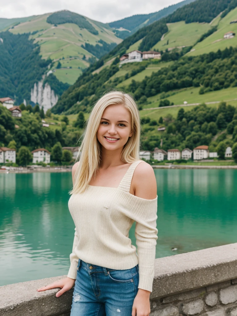 her name is Marie, 1girl, ((20-year-old fit Caucasian woman)), ((20 years old)), ((fit)), , ((pale skin tone)), ((medium length straight blonde hair)), wearing a cut-out shoulder knit sweater with patchwork denim jeans, smiling, pose: standing, background: Write about the serene beauty of Switzerland's Lake Geneva, surrounded by the majestic Alps and dotted with charming lakeside towns and vineyards