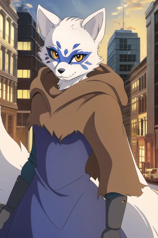 Alopex, arctic fox, furry, blue marks face, tmnt, smile, orange eyes, girl1, solo, city, brown cloak, best quality, masterpiece 