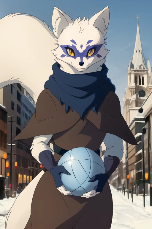 Alopex, arctic fox, furry, blue marks face, tmnt, smile, orange eyes, girl1, solo, city, brown cloak, best quality, masterpiece