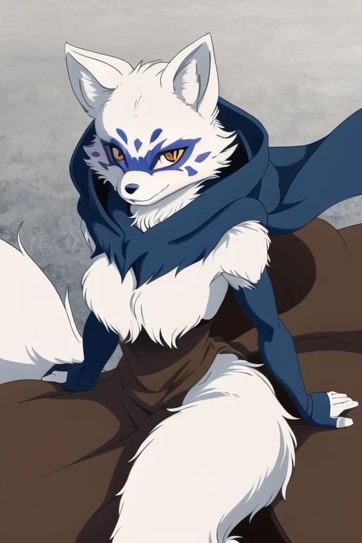 Alopex, arctic fox, furry, blue marks face, tmnt, smile, orange eyes, girl1, solo, park, brown cloak, best quality, masterpiece 