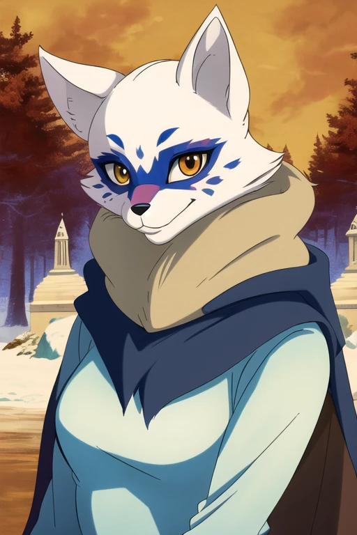 Alopex, arctic fox, furry, blue marks face, tmnt, smile, orange eyes, girl1, solo, park, brown cloak, best quality, masterpiece