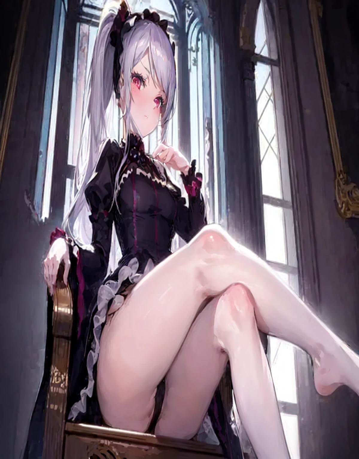 Anime girl sitting on a chair with her legs crossed, seductive anime girl, beautiful anime girl squatting, small curves , anime girl dressed as a maid, from the video game azur lane, from front line girls, fine details. front line girls, azure lane characters, cute anime waifu with a nice dress, blue lane style, guweiz