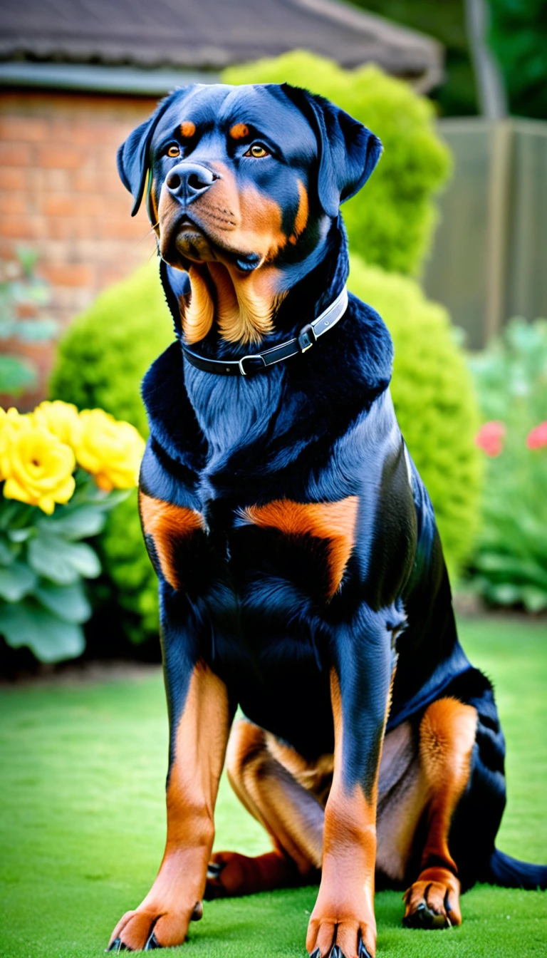 There is no one, realistic photo, photo realism, realism, rottweiler (Rottweiler), perfect composition, intricate details, Very sharp, masterpiece, profile, high resolution, looking at the viewer, Full body photo in garden background