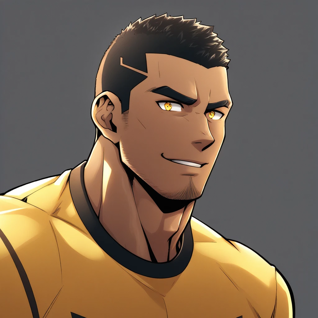 anime characters：Gyee, Young Muscle Sports Student, negro black skin, Buzz Cut, Manliness, male focus, Dark yellow long sleeve tight T-shirt, Slightly transparent texture, Very tight, Slightly transparent, muscular male, muscular, only, Upper body, alone, Black short hair, Thick eyebrows, stubble, Yellow eyes, Grey background, simple background, amazing quality, best aesthetics, Ridiculous, bright pupils, crew cut, parted lips, seductive smile, torogao, naughty face, best quality