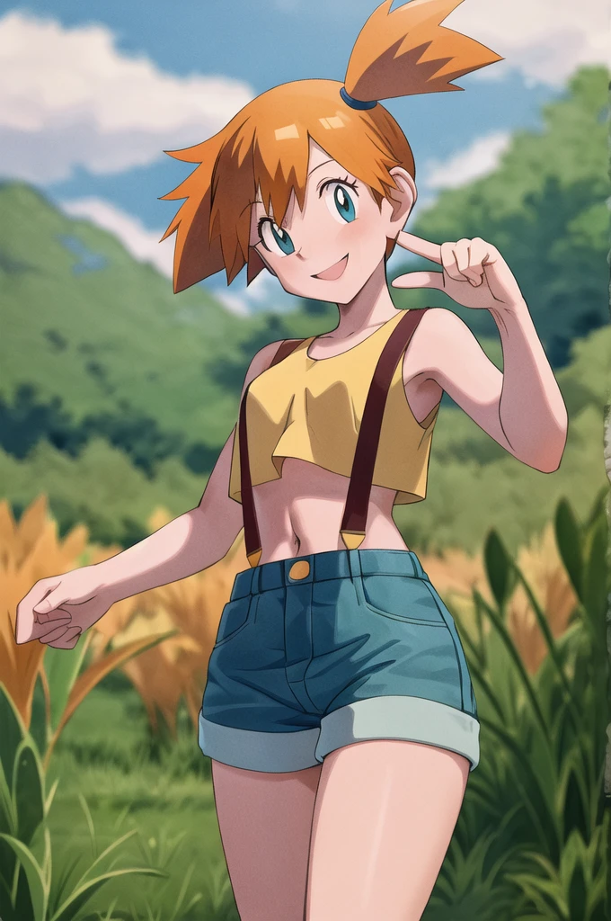 masterpiece, Highest quality, High resolution, One girl, Foggy (Pokemon), Orange Hair, alone, Shorts, suspenders, Side Ponytail, Orange Hair, abdomen, Yellow Crop Top, belly button, short hair, Denim mini skirt, smile, Cowboy Shot, Are standing, peace_sign, Outdoor,