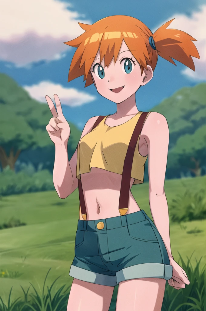 masterpiece, Highest quality, High resolution, One girl, Foggy (Pokemon), Orange Hair, alone, Shorts, suspenders, Side Ponytail, Orange Hair, abdomen, Yellow Crop Top, belly button, short hair, Denim mini skirt, smile, Cowboy Shot, Are standing, peace_sign, Outdoor,