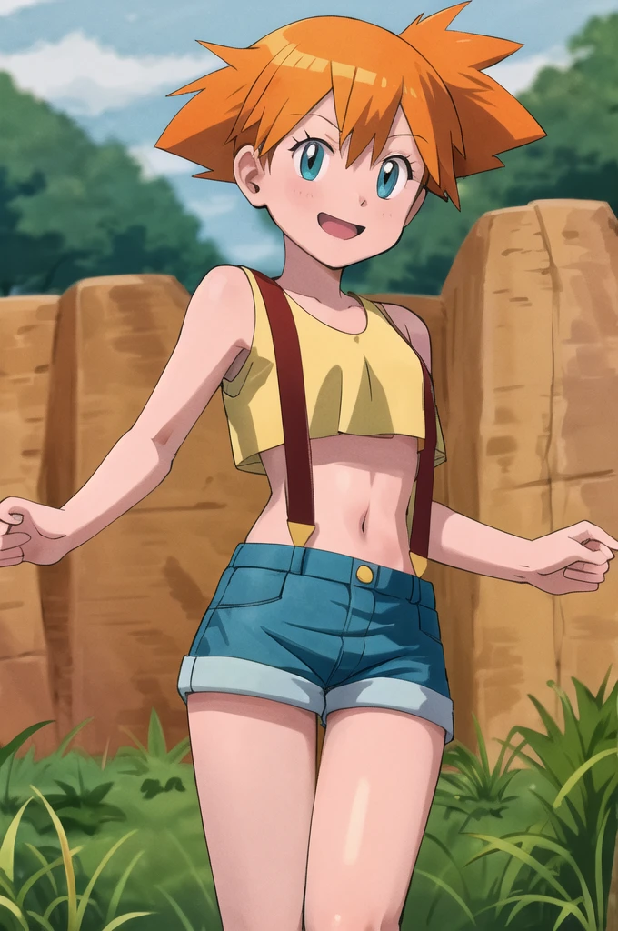 masterpiece, Highest quality, High resolution, One girl, Foggy (Pokemon), Orange Hair, alone, Shorts, suspenders, Side Ponytail, Orange Hair, abdomen, Yellow Crop Top, belly button, short hair, Denim mini skirt, smile, Cowboy Shot, Are standing, peace_sign, Outdoor,
