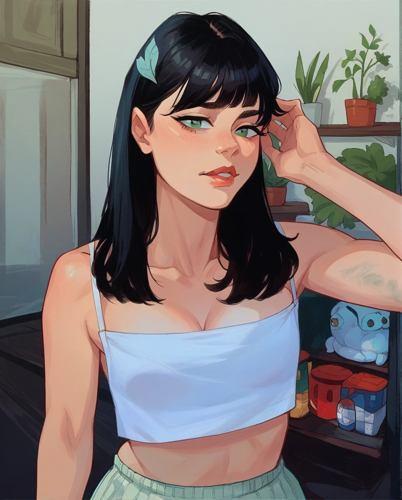 score_9, score_8_up, score_7_up, score_6_up, source_anime, 1girl, black hair, green eyes , shirt, long hair,
hand on own head,