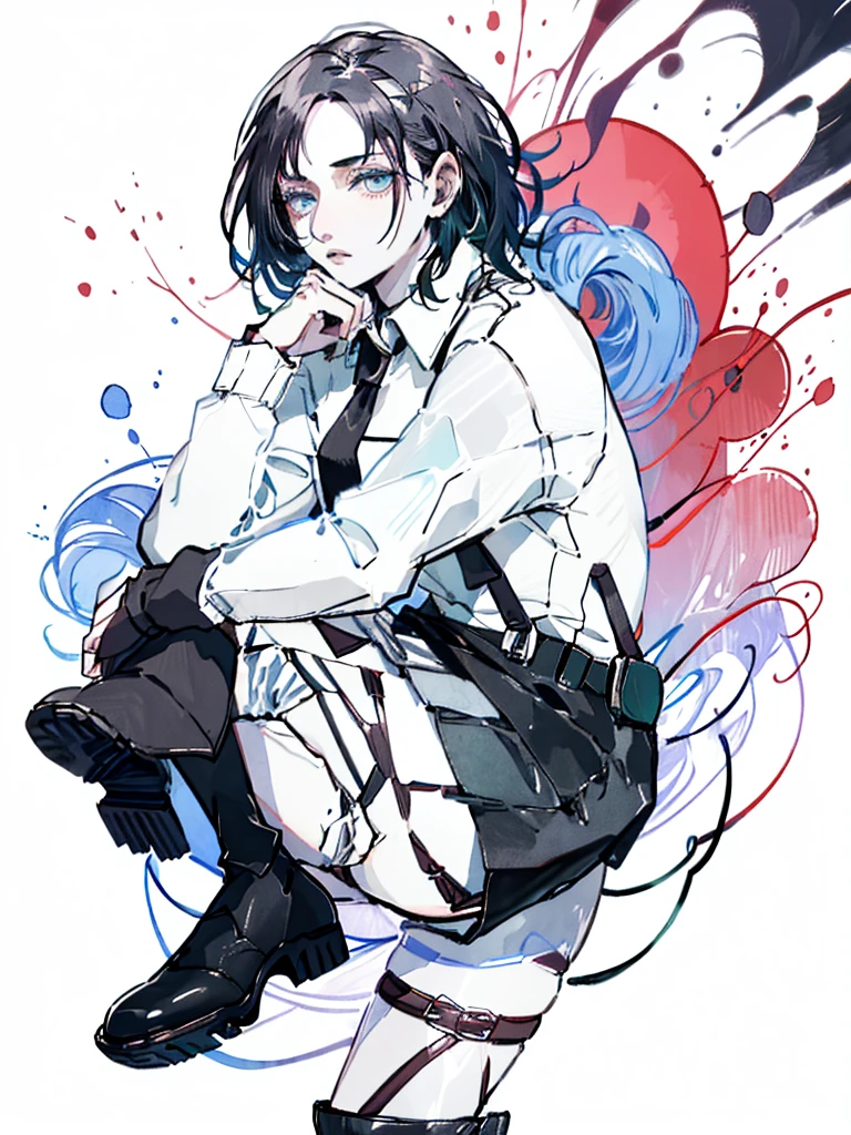 ((body)) skinny, short, pale, freckles on the face, 18 years old ((hair)) long black hair, messy, ((eyes)) green eyes, ((outfit)) oversize black shirt, tie, knitted shoe covers, black cotton fingerless gloves, black boots, blue skirt