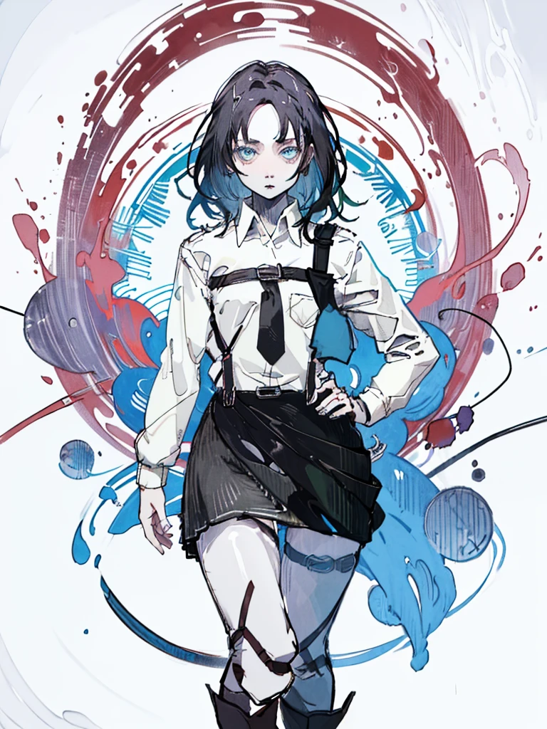 ((body)) skinny, short, pale, freckles on the face, 18 years old ((hair)) long black hair, messy, ((eyes)) green eyes, ((outfit)) oversize black shirt, tie, knitted shoe covers, black cotton fingerless gloves, black boots, blue skirt