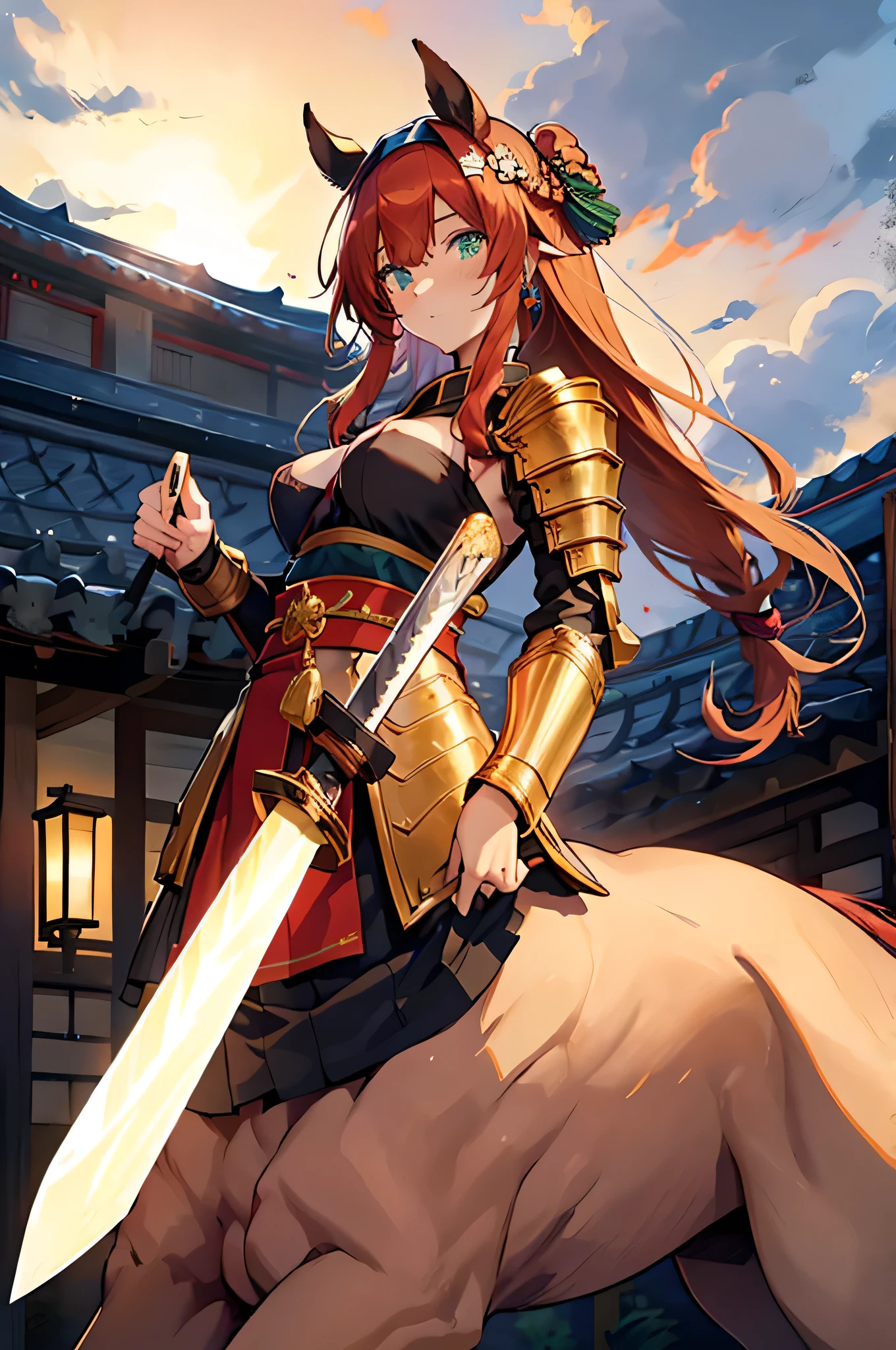 4K,High resolution,One Woman,centaur,Red Hair,long hair,Green Eyes,Brown fur,Samurai,白色のSamuraiの鎧,Full Armor,hair band,Jewelry decoration,Big Japan sword,Japanese Castle Town