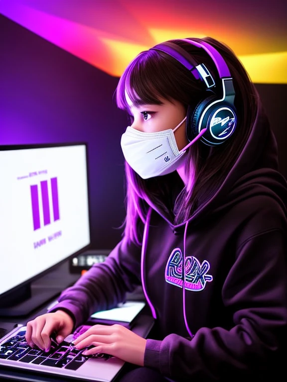 Create a digital art profile picture of a girl working on multiple computer screens. She is wearing headphones, a mask, and a hoodie, with a focused expression. The scene is set in a modern, high-tech room with colorful data visualizations on the screens. The color theme should be black, red, and dark purple, with dark purple lights illuminating the room from the ceiling. Use a vibrant yet moody color palette to give it a dynamic and immersive feel. The girl should have stylish, casual clothing and be in a comfortable, high-tech environment.