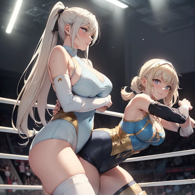 (masterpiece image, very detailed image, best high quality high definition image High very detailed Quality image, Very detailed high quality image), multiple views, two girls wrestling
Main character: 1 norse girl, absolute beauty, 28 years old, fair pale skin, light blue eyes,  beauty features, long blonde golden hair tied in two high pigtails with pink ribbons and blonde golden hair curly fringe near the nose, voluptuous body,  , round , beautiful legs, (light pale blue one piece leotard with a white stripe line in the belly and a grey spandex shorts under the leotard, grey knee pads, light pale blue wrestling boots, light pale blue arms sleeves, grey elbow pads), happy smiling face
Secondary character: norse 30 years old female wrestler, beautiful, voluptuous figure
Wrestling ended and aftermath with the two girls respecting and supporting wache other with honor and respect, tired and sweating but happy, smiling cheerful faces and happy moment
 gym and wrestling ring