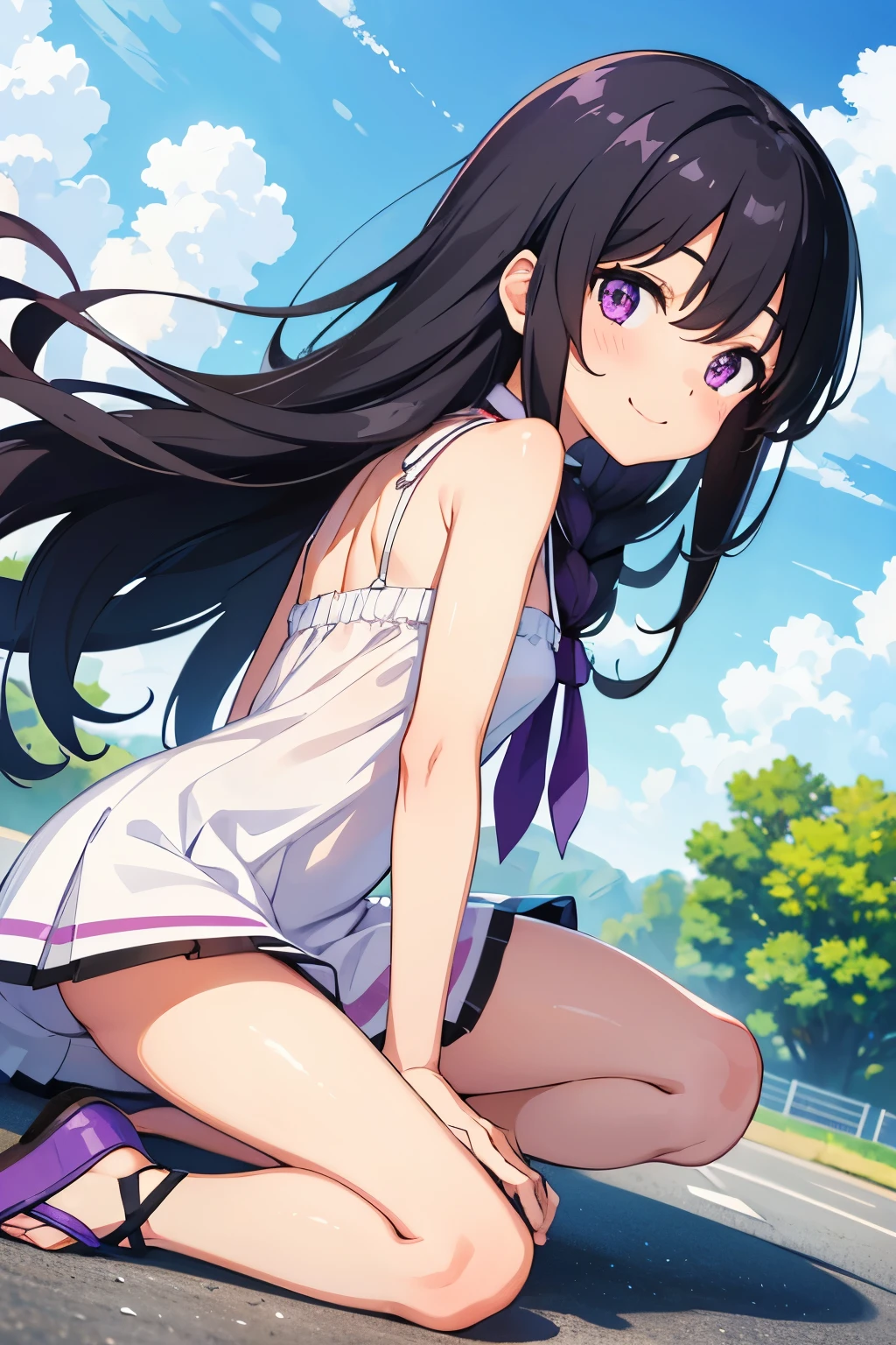 8-year-old elementary school girl Black Hair long hair Purple Eyes smile 1 person White Summer Dress White panties and sandals Country road Dynamic Angle Low - Angle