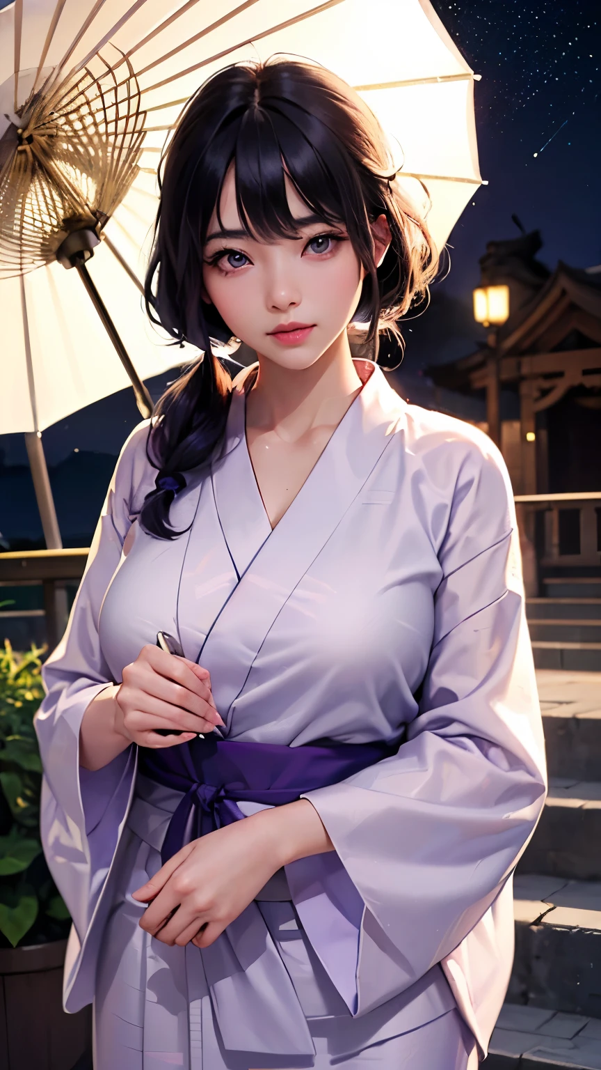 (logo、masterpiece、8K、Tabletop、RAW Photos、wonderful、最high quality、フォトリアリスティックでVery detailedな CG 複合 8K 壁紙、high quality、Very detailed、Narrative poem、Particle Effects、Dynamic Effects、Depth of the Boundary、Cinematic Light、Lens flare、Ray Tracing）、 (One beautiful woman wearing a yukata、White yukata、Light purple pattern)、Black-haired、High definition skin、Very fine、Fine skin texture、Beautiful Face、True Face、Beautiful details in the eyes、Realistic eyes、Beautifully detailed eyes、Realistic Skin、Beautiful Skin、Surreal、Smiling Eyes、Hair and light eyes、vivid、Colorful lights and bokeh、plump lower lip、Pink Lips、Hair flutters in Wind、Hair bounces、wonderful景色、night、evening、Wind、moonlight、moonlight、light