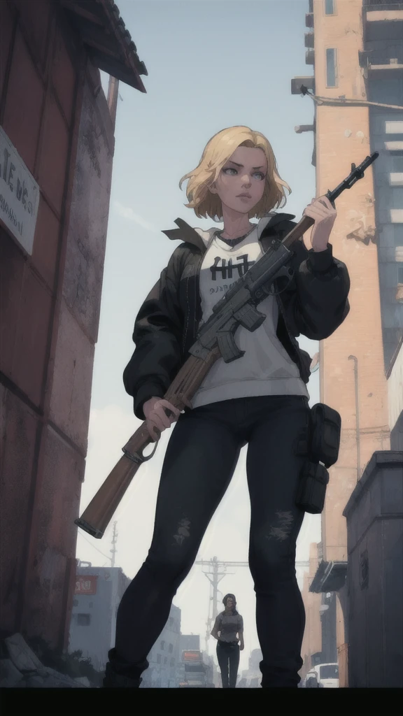 GTAV Loading Screen 2D Graphics, wide angle, whole body, blonde girl standing , holding a machine gun and shooting, GTA5 character, cinematographic composition, in front of a city, shadow, bright cinematic lighting, soft contrast, GTA5 loading screen, gta art, 4K Wallpaper, 4K Wallpaper, high quality 4k wallpaper, gta loading screen graphics, arte the fan, art of rockstar games