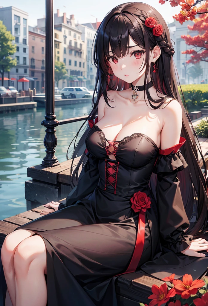 slender, mature female,rating:safe, 1girl, breasts, dress, long_hair, solo, bare_shoulders, black_dress, cleavage, red_eyes, large_breasts, flower, looking_at_viewer, hair_ornament, very_long_hair, hair_flower, bangs, earrings, blush, jewelry, choker, brown_hair, closed_mouth, collarbone, sidelocks, detached_sleeves, outdoors, ribbon, strapless, eyebrows_visible_through_hair, strapless_dress, cross, red_flower, black_hair, water, parted_lips, long_sleeves, sitting, flag, one_side_up, hair_between_eyes, medium_breasts, blunt_bangs, sky, braid, day