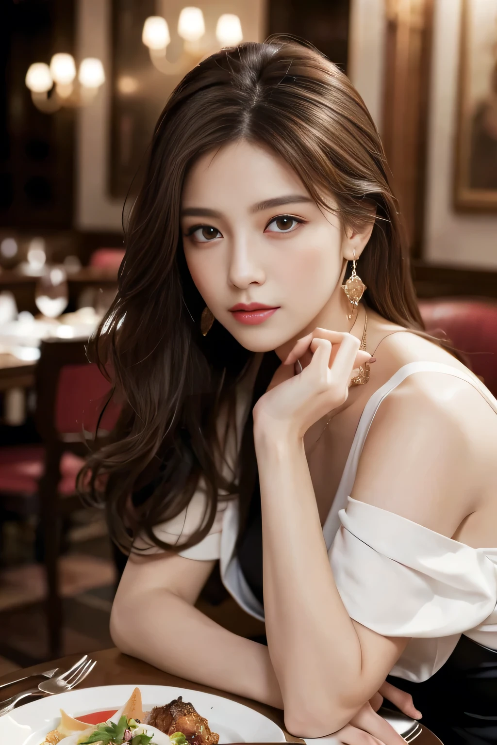 masterpiece, Highest quality, Realistic, Very detailed, Finer details, High resolution, 8k wallpaper, One beautiful woman, Wear a nice suit, In a great restaurant, At night, Light brown messy hair, Perfect dynamic composition, Beautiful and beautiful eyes、Big earrings、Sit on a chair、