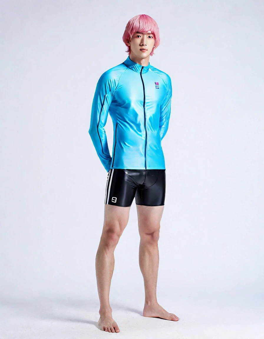 a [(((full body photo:1.4)))], of young and (athletic swimmer body), (slightly muscular body), Korean man, pale color skin, black hair color, using casual clothes blue white an pink colors, character design sheet, [(((different poses:1.4)))], different angles, white background. ((shaved hair body)), 180 cm tall