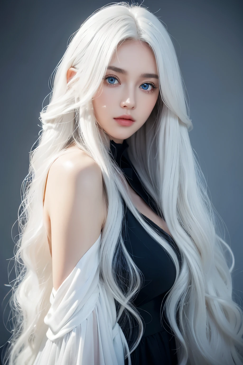 1 woman, White long curly hair，Natural and beautiful hair, clean and beautiful. White hair. Close lips. Blue natural eyes. Black clothes. 