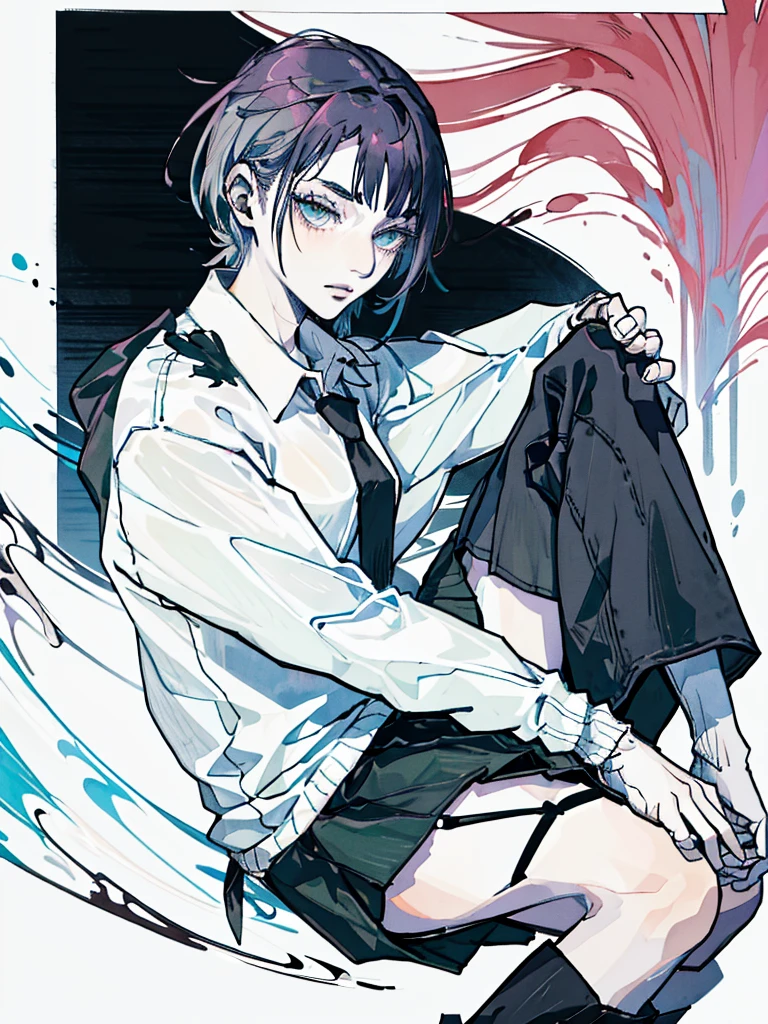 ((body)) skinny, short, pale, freckles on the face, 18 years old ((hair)) long black hair, messy, ((eyes)) green eyes, ((outfit)) oversize black shirt, tie, knitted shoe covers, black cotton fingerless gloves, black boots, blue skirt