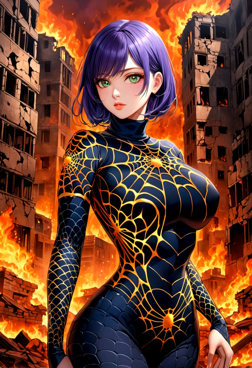 (best quality, high resolution: 1.2), 1 girl, beautiful eye details, beautiful lip details, very detailed eyes and face, long eyelashes, medium: painting c, bright colors, HDR, studio lighting, Very smooth painting, sharp focus , based on physical rendering, extreme detailed description, portrait, green eyes, curvy body, large breasts almost spilling out, perfect shape, facing the viewer, sweaty, beautiful, left arm above head, right arm holding a samurai, full body photo, appears in full frame, straddle legs, purplish blue hair along the back, left turtleneck sleeve in the shape of a fiery spider web and right sleeve, flame motif sleeve, turtle neck color black and gold, background of a city of burnt ruins