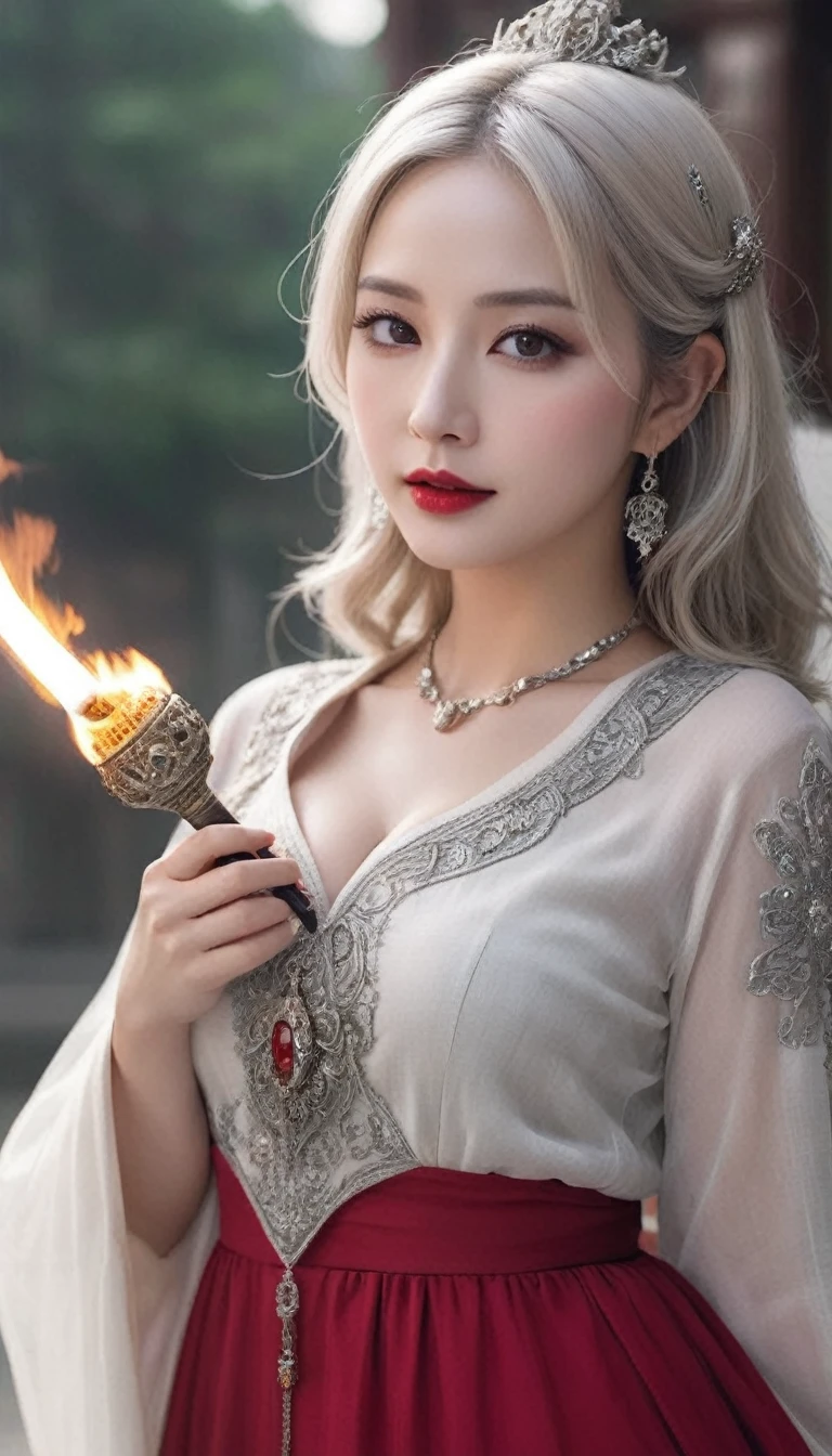 (((surreal woman)))、((Very beautiful 30 year old white woman))、(((Big big cleavage)))、のwitch girl、blonde mature、Plump figure、smile、Middle-aged beauty 、Very delicate and delicate skin texture、witch girl、{(Ancient ornate and luxurious temple)、(Many torches are burning)}、Red lips、Beautiful scarlet eyes、(((Gorgeous and glamorous silver outfit and luxurious accessories)))、I have a shiny platinum wand、