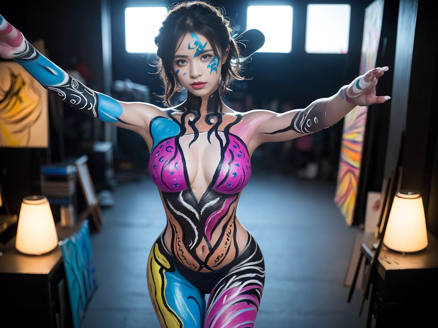 (artistic body painting:1.5), (female model with big hips and toned legs), (elaborate and colorful body paint), (dynamic poses), (abstract patterns), (studio setting), (high definition), (moody lighting), (artistic and expressive), (high quality details)