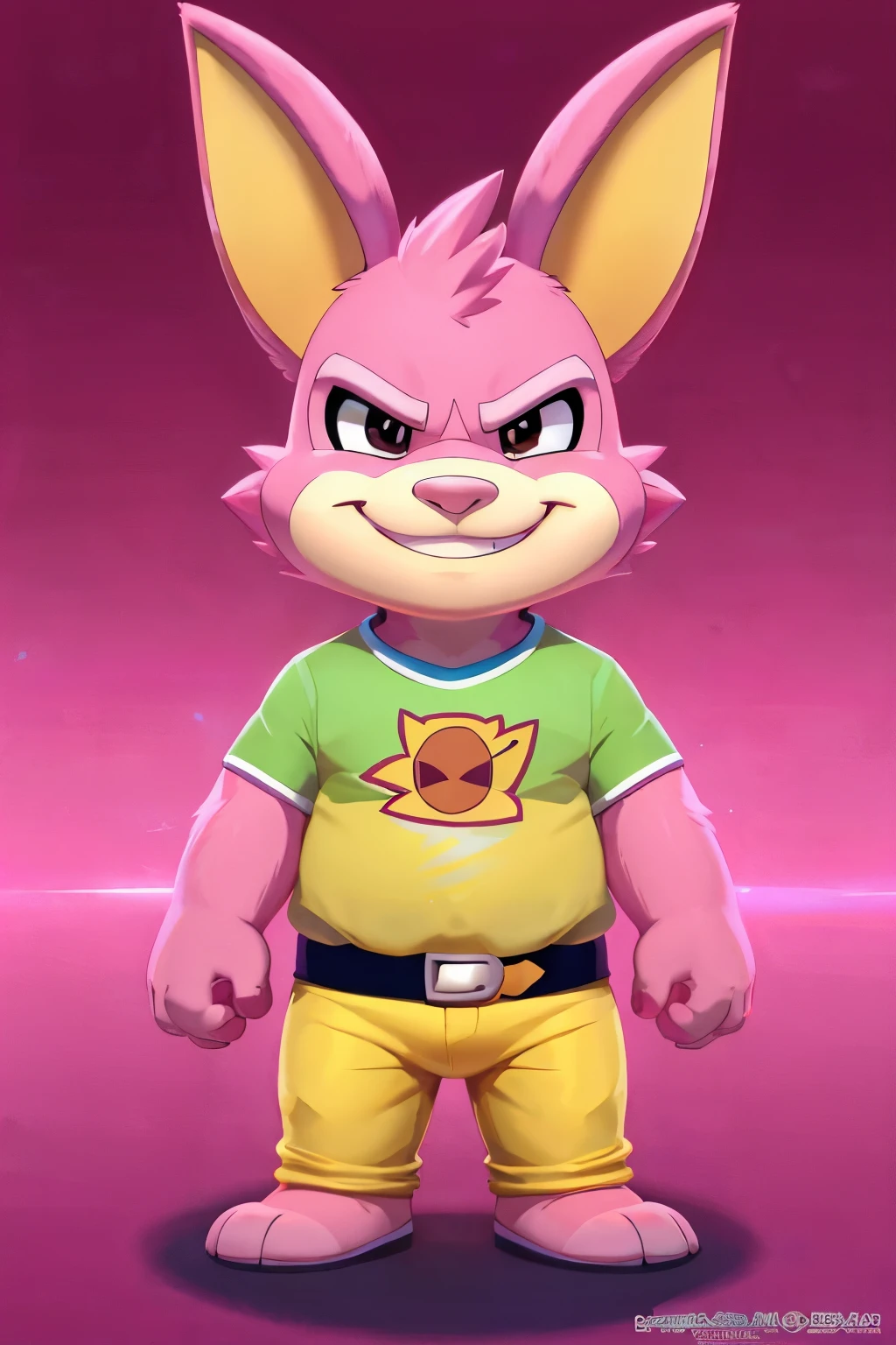 cartoon pink coelhinho with yellow shirt and yellow pants, the coelhinho has pink fur, ralé_personagem, the coelho has pink fur, anthropomorphic coelho, evil bugs coelhinho, cute anthropomorphic coelhinho, coelhinhopunk, estilo de vetor de desenho animado, electrixcoelhinho, coelhinho, wearing a pink coelho costume, feito em adobe ilustrador, coelho, Ilustra??o do mascote