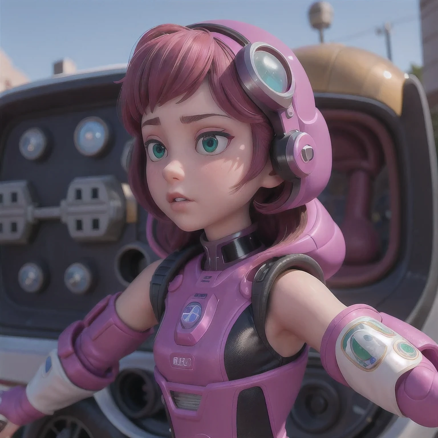 Photo of a college student, Purple Pink, Futuristic space suit, (freckle:0.8) Cute face, Science Fiction, Dystopia, Delicate eyes, Green pupils((side view))