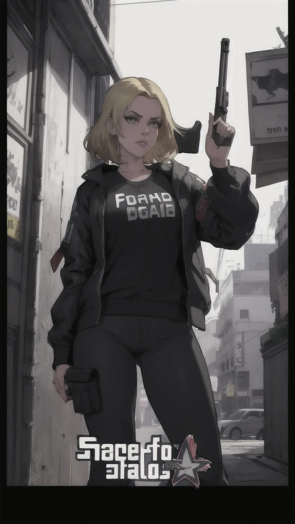 GTAV Loading Screen 2D Graphics, wide angle, whole body, blonde girl standing , holding a machine gun and shooting, GTA5 character, cinematographic composition, in front of a city, shadow, bright cinematic lighting, soft contrast, GTA5 loading screen, gta art, 4K Wallpaper, 4K Wallpaper, high quality 4k wallpaper, gta loading screen graphics, arte the fan, art of rockstar games