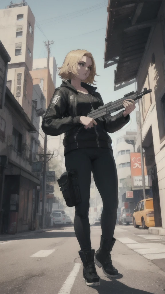 GTAV Loading Screen 2D Graphics, wide angle, whole body, blonde girl standing , holding a machine gun and shooting, GTA5 character, cinematographic composition, in front of a city, shadow, bright cinematic lighting, soft contrast, GTA5 loading screen, gta art, 4K Wallpaper, 4K Wallpaper, high quality 4k wallpaper, gta loading screen graphics, arte the fan, art of rockstar games