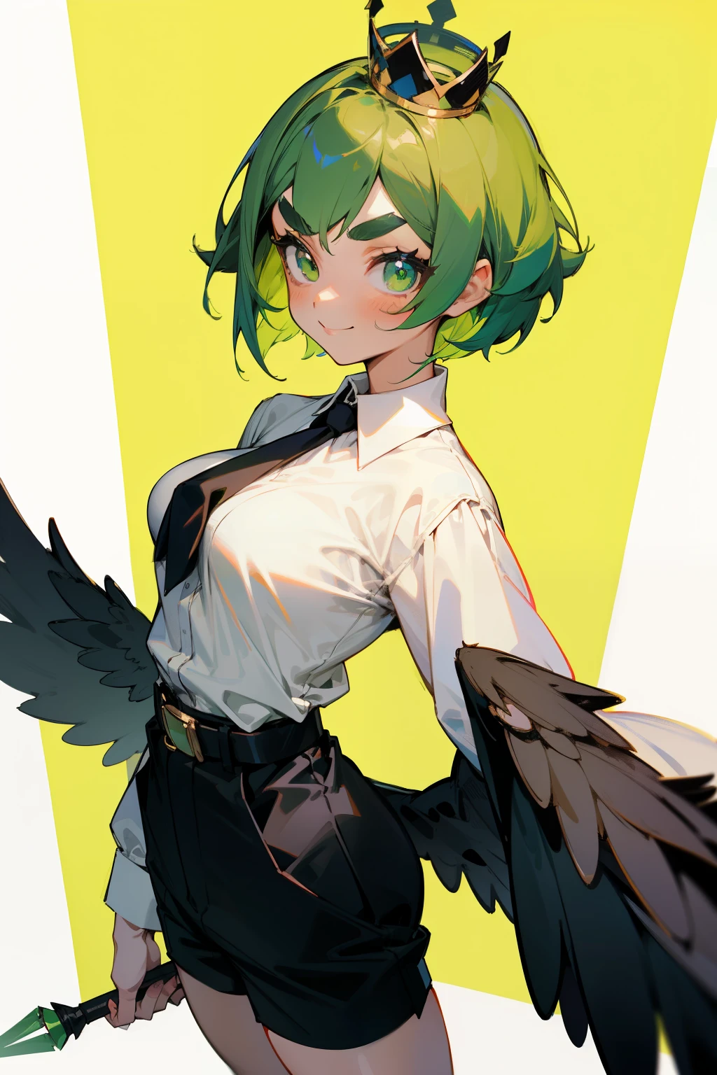 Cute girl, short green hair, green eyes, wide black eyebrows, smile, small crown, magic wand, white shirt, black tie, black shorts, black belt, fly wings, big breasts