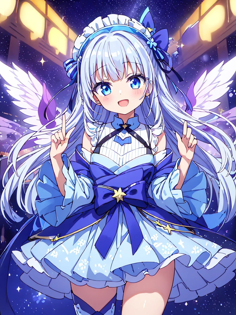 1GIRL,Star Fairy、(masterpiece, Highest quality、The best dynamic composition), One girl, Small, highly transparent, pastel-colored wings growing from its back、「Beautifully printed galaxy patterned kimono and gothic lolita outfits.、Space Pattern Ruffle Box Pleated tand in front of the audience、Knee-high boots、Captivating eyes、Perfect and amazing face、Exquisite detail、Clear images、Highest quality。」Milky white and blue gradient short hair、smile、Laughing happily、Super huge、detailed、