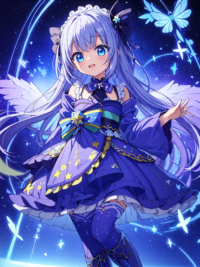 1GIRL,Star Fairy、(masterpiece, Highest quality、The best dynamic composition), One girl, Small, highly transparent, pastel-colored wings growing from its back、「Beautifully printed galaxy patterned kimono and gothic lolita outfits.、Space Pattern Ruffle Box Pleated tand in front of the audience、Knee-high boots、Captivating eyes、Perfect and amazing face、Exquisite detail、Clear images、Highest quality。」Milky white and blue gradient short hair、smile、Laughing happily、Super huge、detailed、