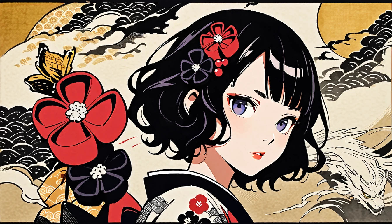Katsushika Hokusai, Ink Painting, peony, flower tattoo on shoulder, Girl, Long black hair, Delicate and precise, white dragon, Modern ukiyo-e style,