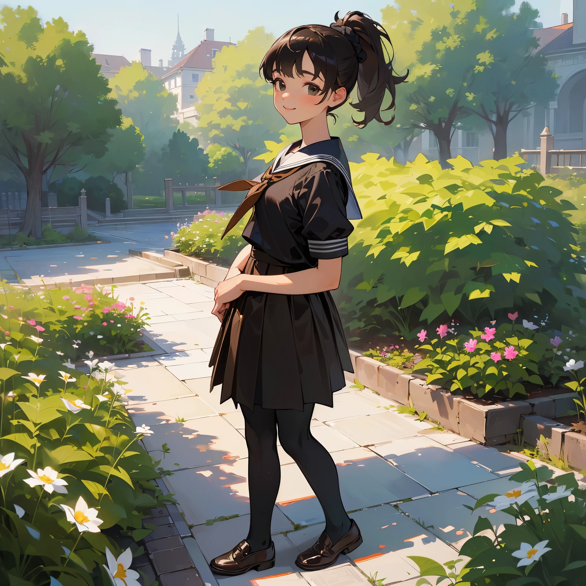 (Highest quality, High resolution, Very detailed, Realistic:1.37), Peaceful atmosphere, (Outdoor, garden), age girl standing alone, Beautiful and detailed features, Cute Smile, ((Black ponytail)),Short-sleeved sailor uniform, Pleated skirt,Black tights,Brown leather shoes.