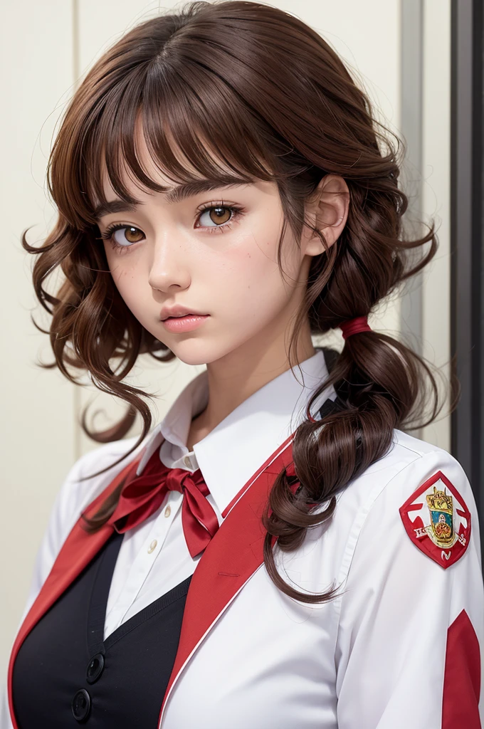 generates an anime style image, specifically in the anime style "My hero academy", where it features a 16 year old girl with medium brown curly hair with red highlights, very light white skin, wearing the classic uniform from the aforementioned anime series. with one red and one white eye. she must have a scar on her white eye.
In 2D anime drawing