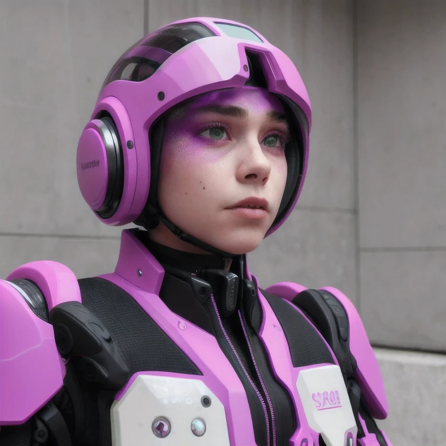 Photo of a college student, Purple Pink, Futuristic space suit, (freckle:0.8) Cute face, Science Fiction, Dystopia, Delicate eyes, Green pupils((side view))