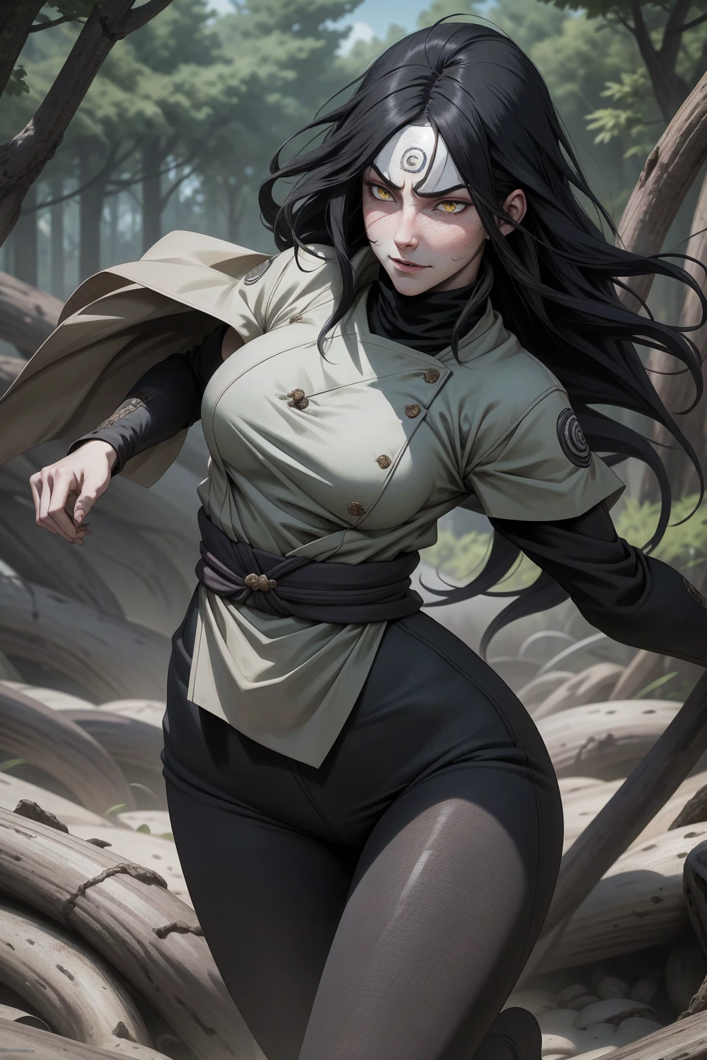 {-erro_de_anatomia:1.0} estilo anime, Masterpiece, absurdities, Orochimaru\(Naruto\), 1girl Solo, Mature woman, Oversized shirt with broad shoulders, Perfect composition, Detailed lips, large breasts, Beautiful face, body proportion, Blush, Long black hair, ( black hair), yellow eyes, (sexy), Soft gauze, Super realistic, Detailed, photo shoot, Realistic faces and bodies, masterpiece, best quality, best illustration, hyper detailed, 1 girl, solo, glamorous, blushing, whole body, fighting, on nature, dimanic poses