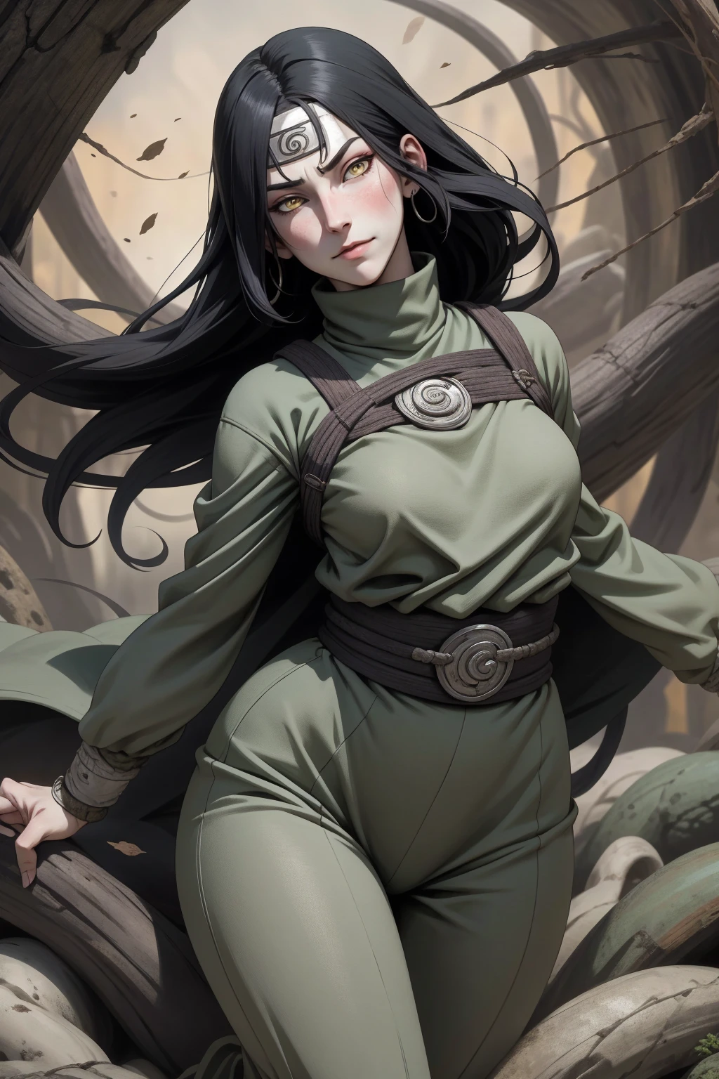 {-erro_de_anatomia:1.0} estilo anime, Masterpiece, absurdities, Orochimaru\(Naruto\), 1girl Solo, Mature woman, Oversized shirt with broad shoulders, Perfect composition, Detailed lips, large breasts, Beautiful face, body proportion, Blush, Long black hair, ( black hair), yellow eyes, (sexy), Soft gauze, Super realistic, Detailed, photo shoot, Realistic faces and bodies, masterpiece, best quality, best illustration, hyper detailed, 1 girl, solo, glamorous, blushing, whole body, fighting, on nature, dimanic poses
