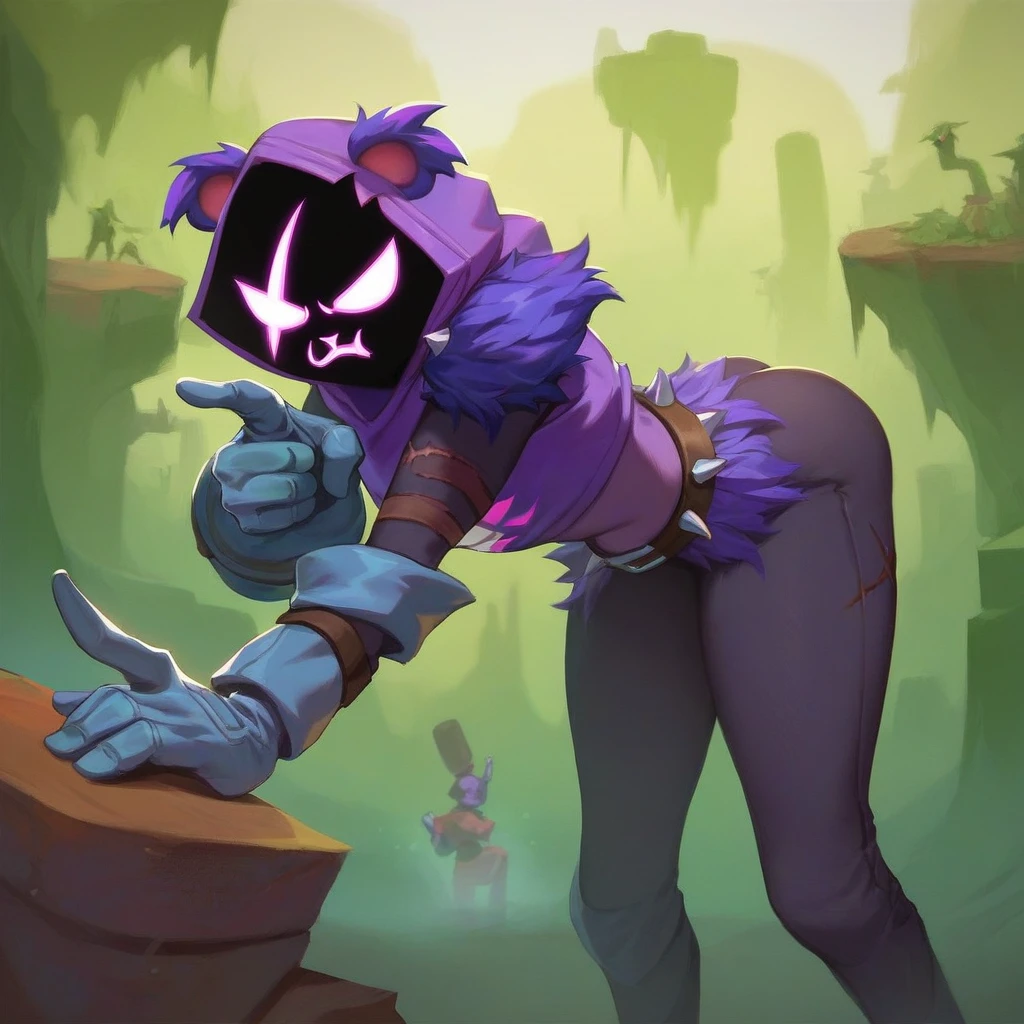 Raven team leader,purple hoodie, with no face, shadowed face, animal ears,purple skin, scar on eye, body skin, purple fur, waist belt, torso symbol, metal gloves, pointing your ass at the viewer, leaning forward, pushing, she closes her eyes, hands resting on top of a small wall, farting hard, would be green, green smoke in her ass, scenery with green smoke, she farting, she is passing gas, farts, gases. her with her eyes closed, hands are not in the air, expression of force, stomachache, stomach growling. day Of course