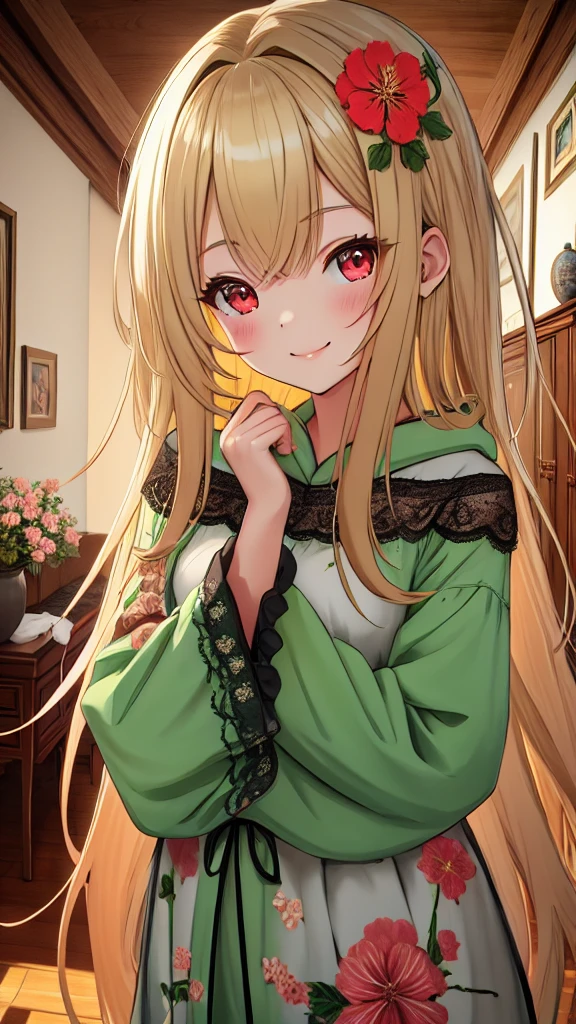 ((masterpiece, best quality)), 1 girl, long hair, blonde hair, red eyes, pajamas, hood, room for a girl, the walls in the room are painted with flowers, beautiful girl, bed, sleepy girl, smiling girl, ♥️ Fluorescent green, masterpiece best quality 8k insane details intricate details hyperdetailed hyper quality high detail ultra detailed Masterpiece, (realistic:1.3), woodenart, wooden