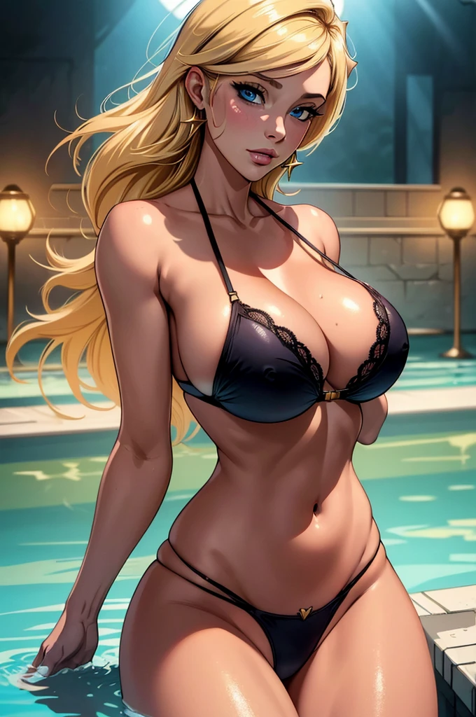 ((Masterpiece)), ((Best Quality)), Ultra High Resolution, HDR, absurderes, 8K, (1 girl), intricate details, ultra-detailed, dramatic lighting, blushing, very happy blue eyes, short blonde hair, bob hair, (black ), in a pool, gorgeous girl, , gorgeous body, glossy skin, vivid colors, full body view, detailed illustration, detail background, shy, feminine, professional artwork, fit thighs, cleavage